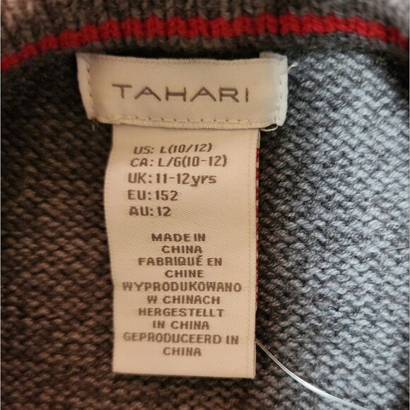 Tahari Sweater Hat Set Girls L Gray Cotton Blend Knit Red Heart Faux Fur Pom - Picture 8 of 8